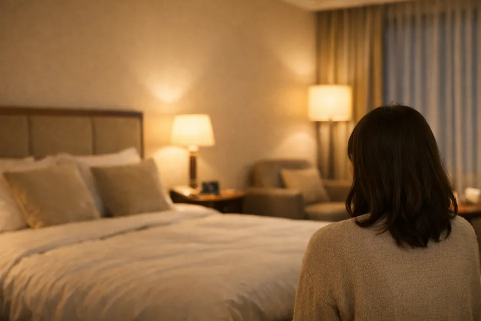 灯りを落としたホテルの部屋で、ベッドの前に腰かけている女性の後ろ姿